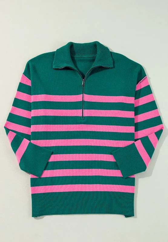 Salem Contrast Striped Quarter Zip Long Sleeve Sweater
