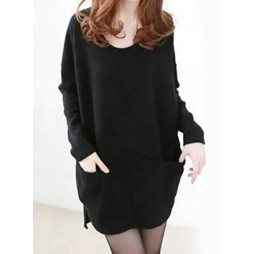 Scoop Neck High Low Sweater With Pockets - Black L