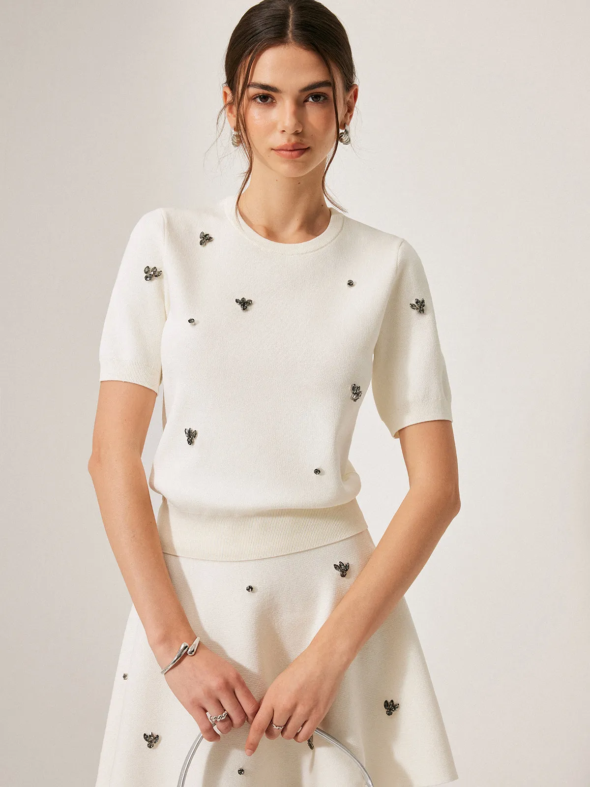 Short Sleeve Metal Detail Plain Sweater