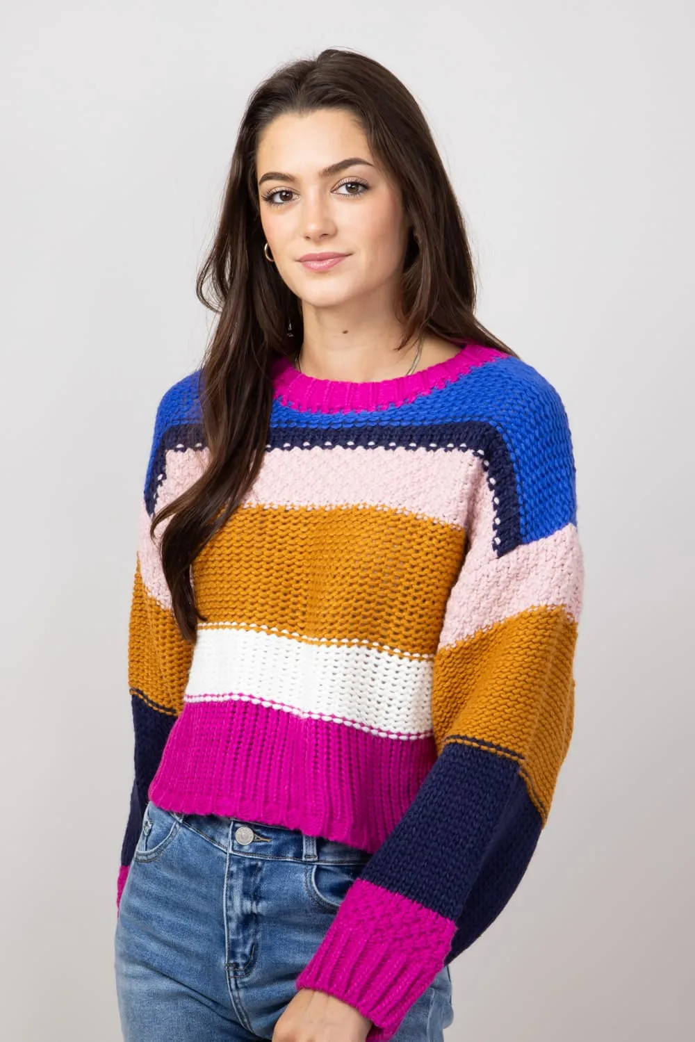 Simply Southern Striped Cropped Sweater for Women in Royal | PP-0224-SWTR-CLRSTRP-ROYAL