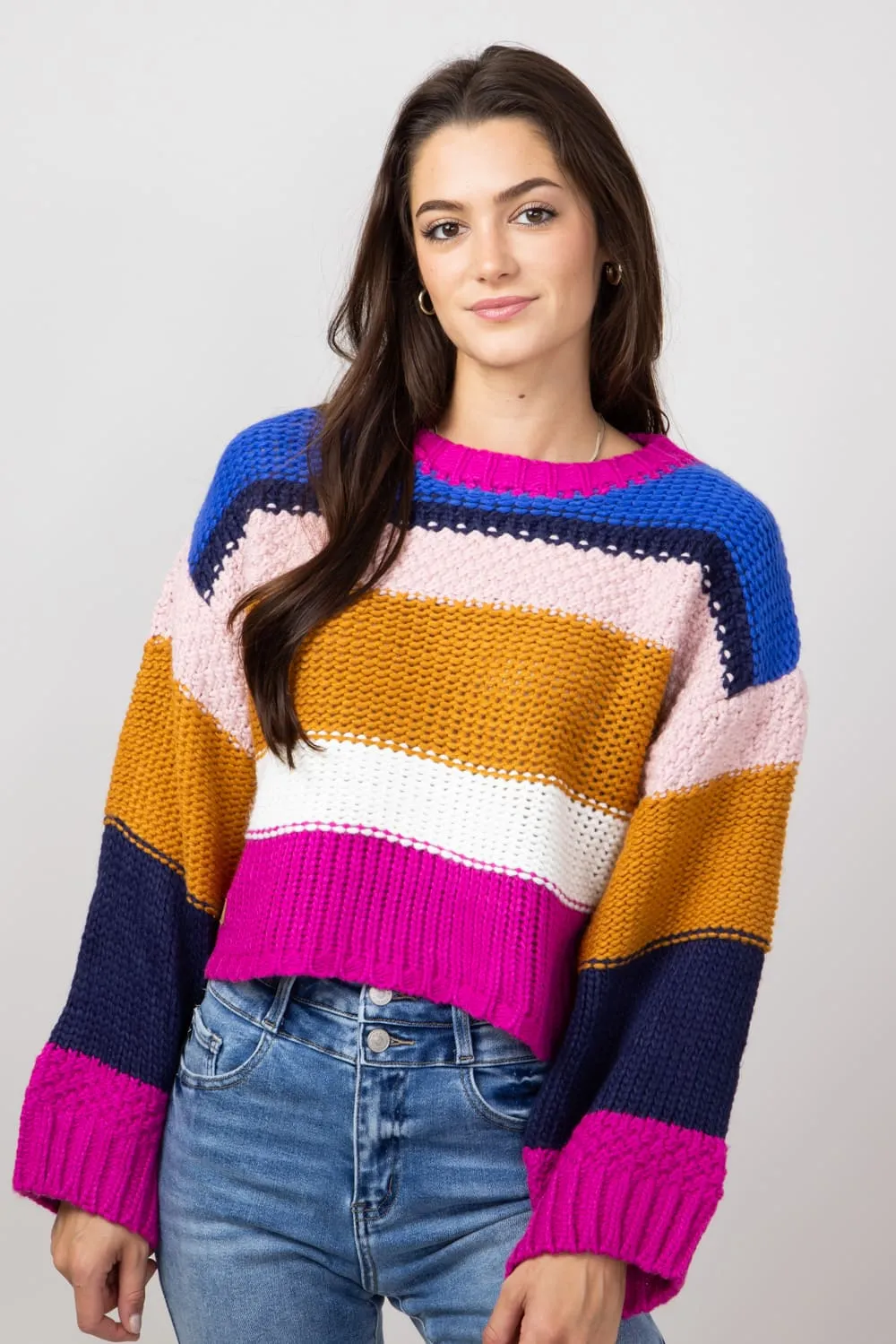 Simply Southern Striped Cropped Sweater for Women in Royal | PP-0224-SWTR-CLRSTRP-ROYAL