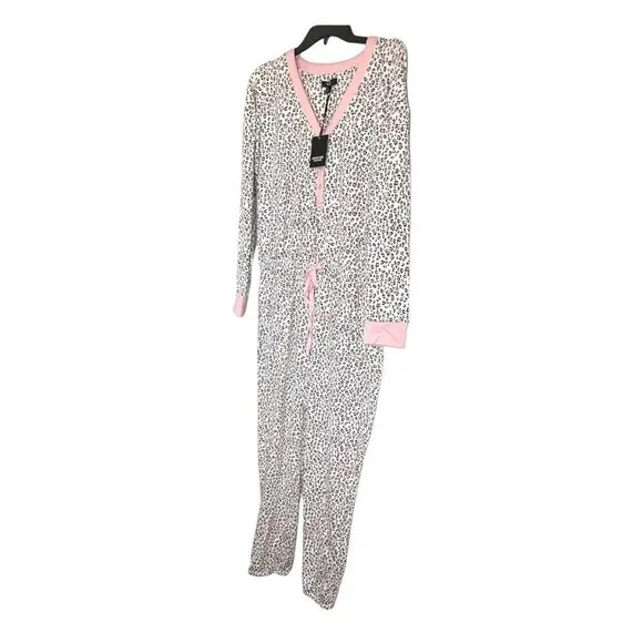 Simply Vera Wang Womens White Pink Leopard Print Pockets Onesie Pajamas Sz L NWT