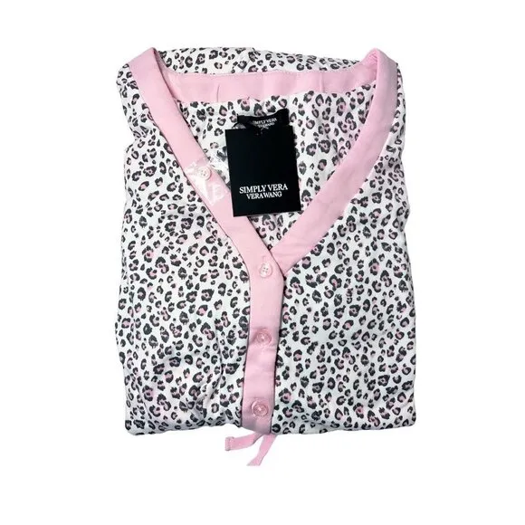 Simply Vera Wang Womens White Pink Leopard Print Pockets Onesie Pajamas Sz L NWT