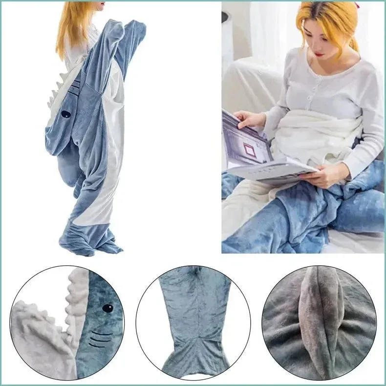 Soft Plush Wearable Shark Blanket Cartoon Animal Onesie Pajamas Cosplay Costume Sleep Bag for Adults Kids Flannel Pink Blue