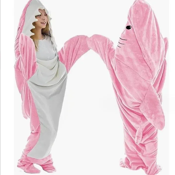 Soft Plush Wearable Shark Blanket Cartoon Animal Onesie Pajamas Cosplay Costume Sleep Bag for Adults Kids Flannel Pink Blue