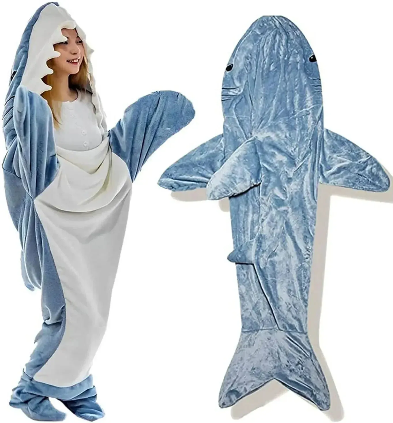 Soft Plush Wearable Shark Blanket Cartoon Animal Onesie Pajamas Cosplay Costume Sleep Bag for Adults Kids Flannel Pink Blue