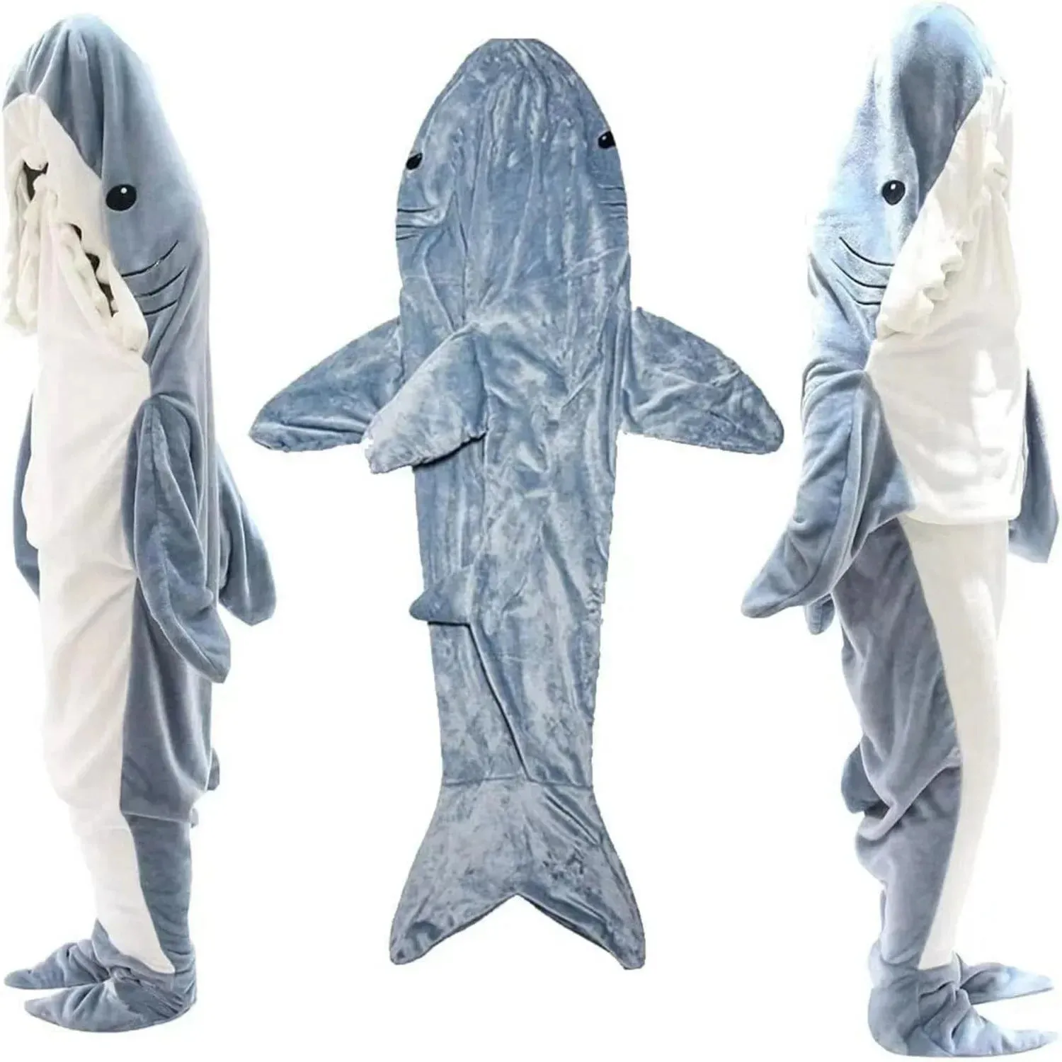 Soft Plush Wearable Shark Blanket Cartoon Animal Onesie Pajamas Cosplay Costume Sleep Bag for Adults Kids Flannel Pink Blue