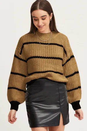 Striped Mock Neck Drop Shoulder Sweater