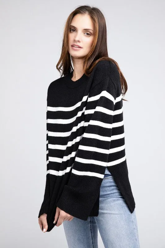 Striped Ribbed Hem Stripe Sweater in Black or Rust
