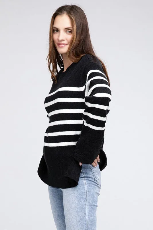 Striped Ribbed Hem Stripe Sweater in Black or Rust