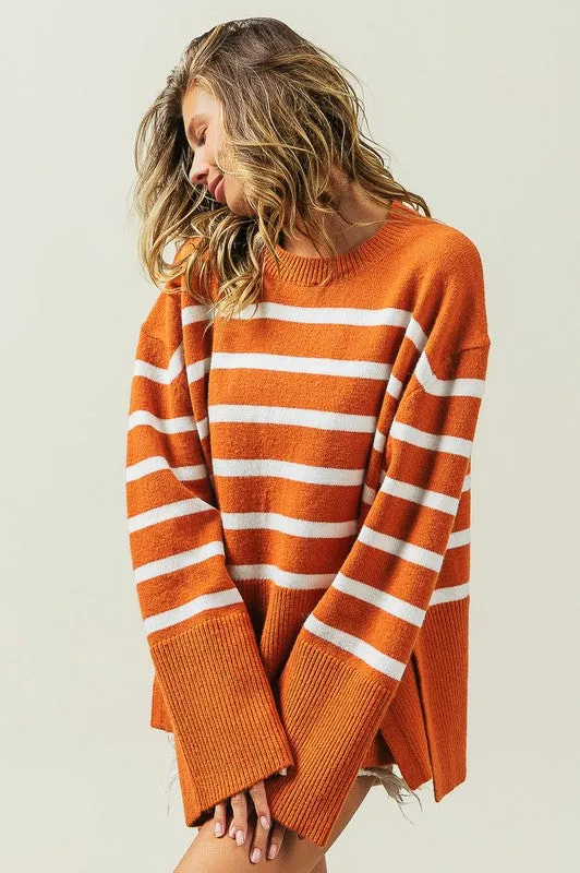 Striped Ribbed Hem Stripe Sweater in Black or Rust