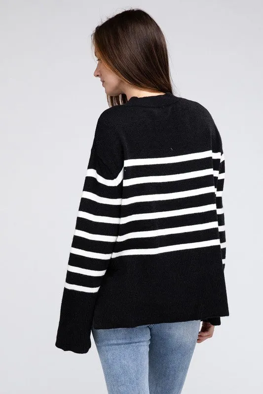 Striped Ribbed Hem Stripe Sweater in Black or Rust