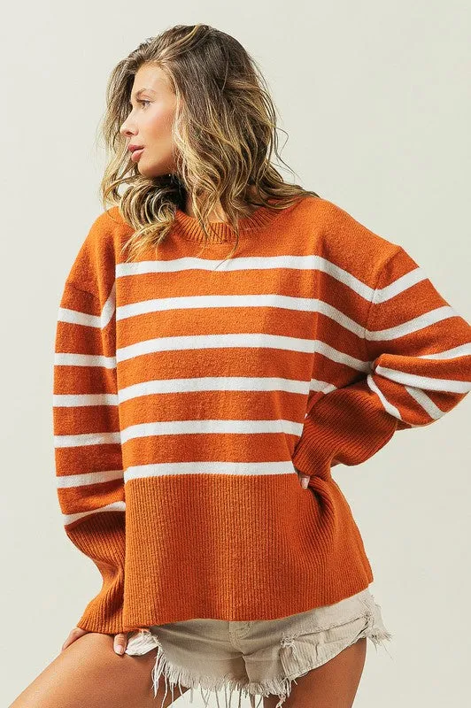 Striped Ribbed Hem Stripe Sweater in Black or Rust