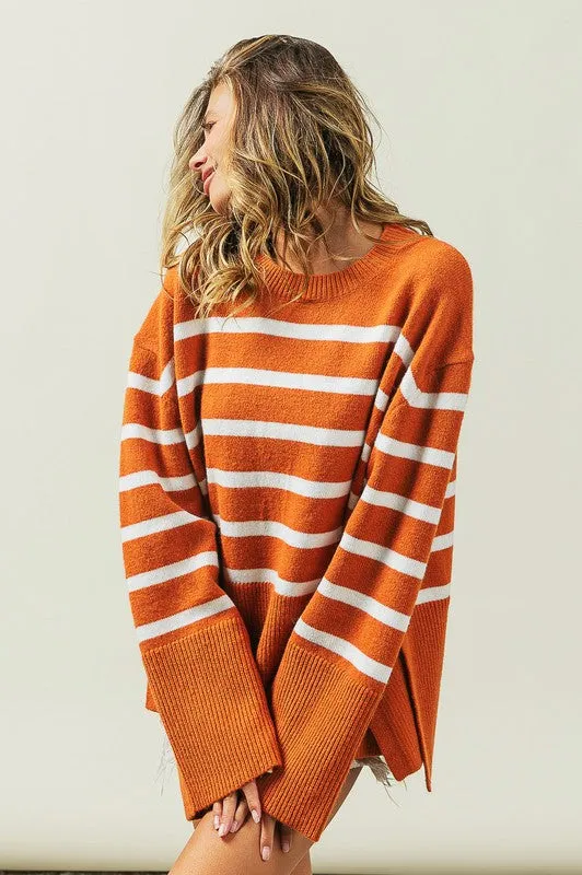 Striped Ribbed Hem Stripe Sweater in Black or Rust