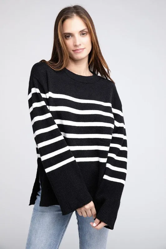 Striped Ribbed Hem Stripe Sweater in Black or Rust
