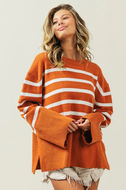 Striped Ribbed Hem Stripe Sweater in Black or Rust