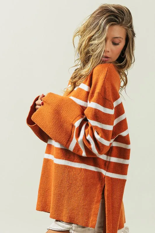 Striped Ribbed Hem Stripe Sweater in Black or Rust