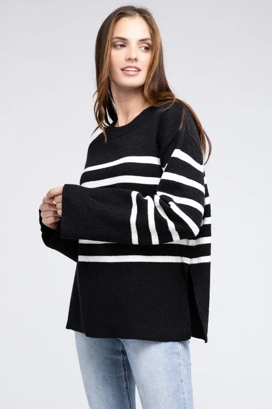 Striped Ribbed Hem Stripe Sweater in Black or Rust