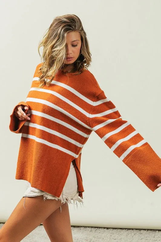 Striped Ribbed Hem Stripe Sweater in Black or Rust