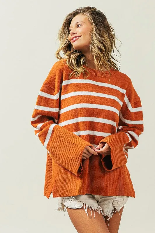Striped Ribbed Hem Stripe Sweater in Black or Rust