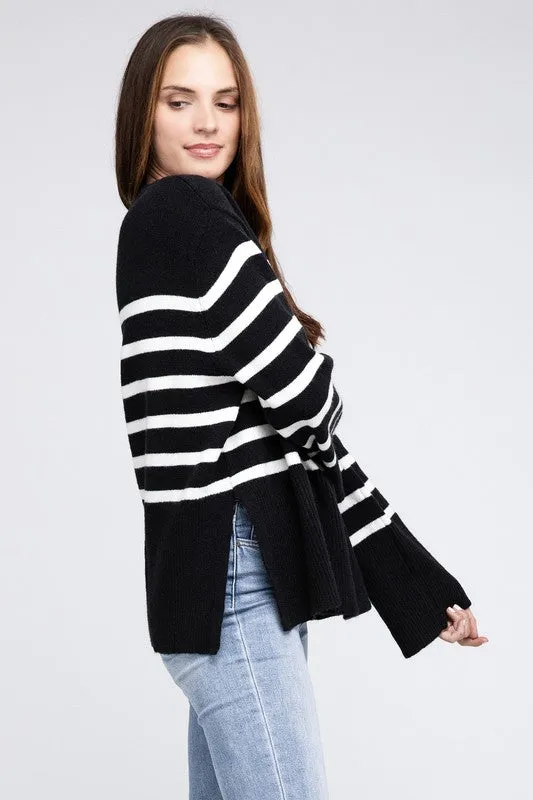 Striped Ribbed Hem Stripe Sweater in Black or Rust