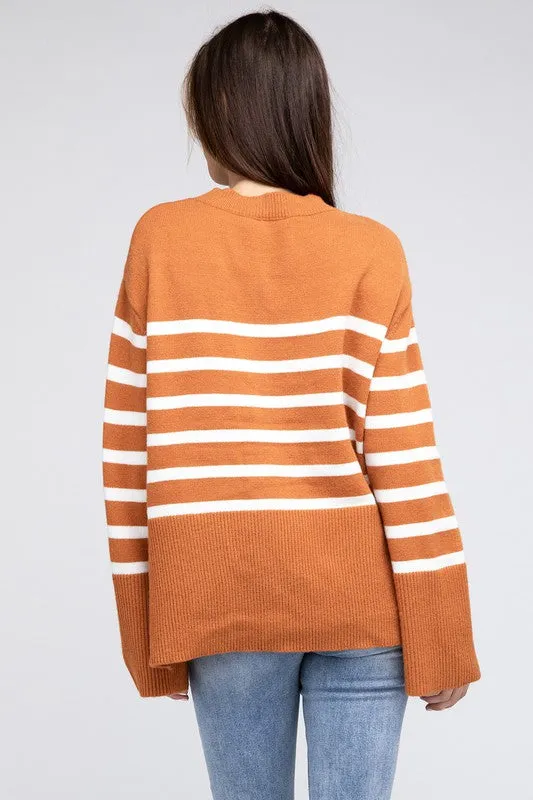 Striped Ribbed Hem Stripe Sweater in Black or Rust