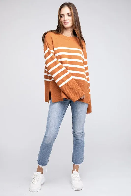 Striped Ribbed Hem Stripe Sweater in Black or Rust