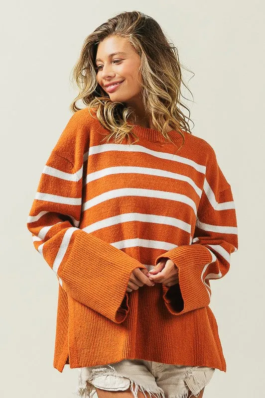 Striped Ribbed Hem Stripe Sweater in Black or Rust