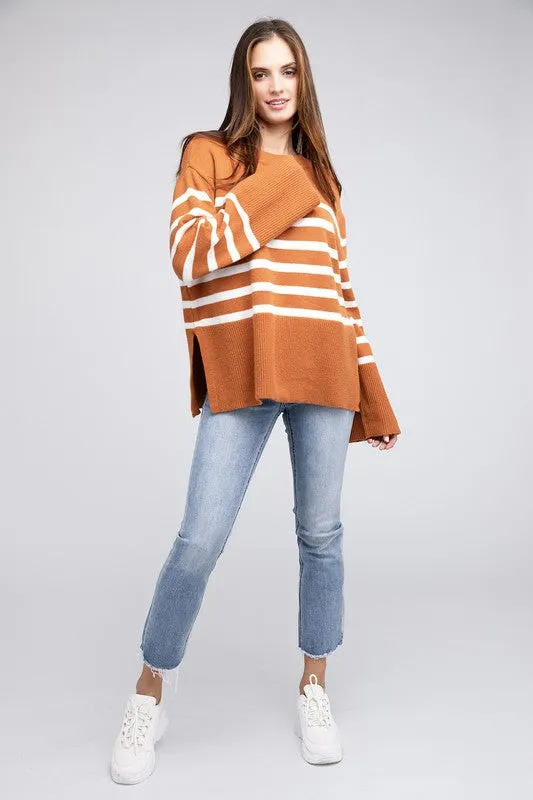 Striped Ribbed Hem Stripe Sweater in Black or Rust