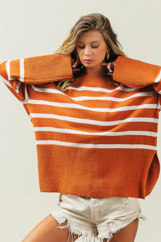 Striped Ribbed Hem Stripe Sweater in Black or Rust