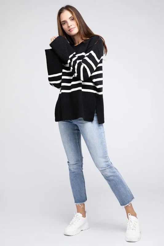Striped Ribbed Hem Stripe Sweater in Black or Rust