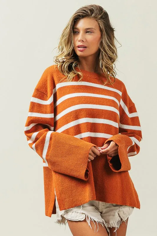 Striped Ribbed Hem Stripe Sweater in Black or Rust