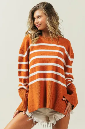 Striped Ribbed Hem Stripe Sweater in Black or Rust