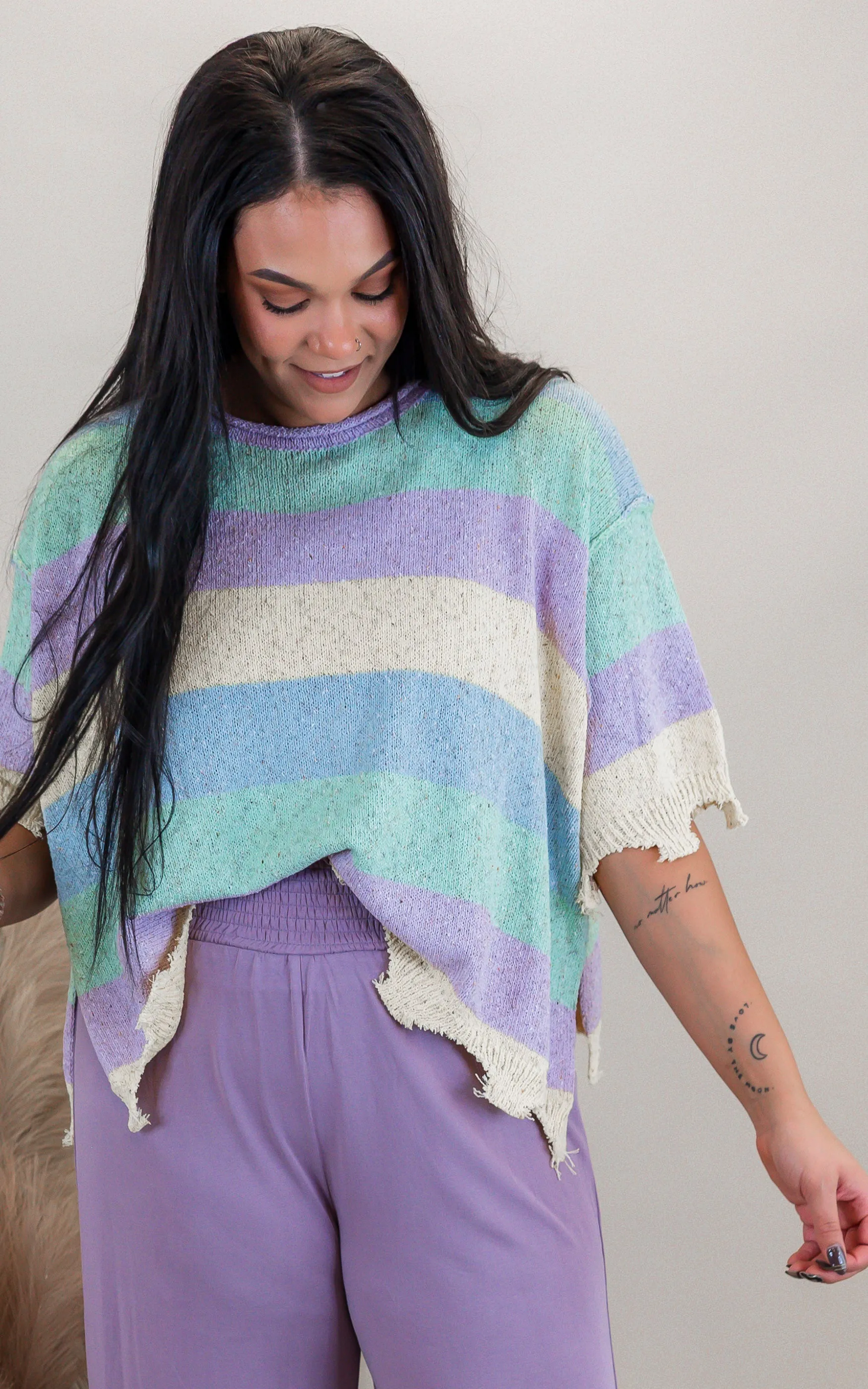 Striped Short Sleeve Sweater | PEACH LOVE
