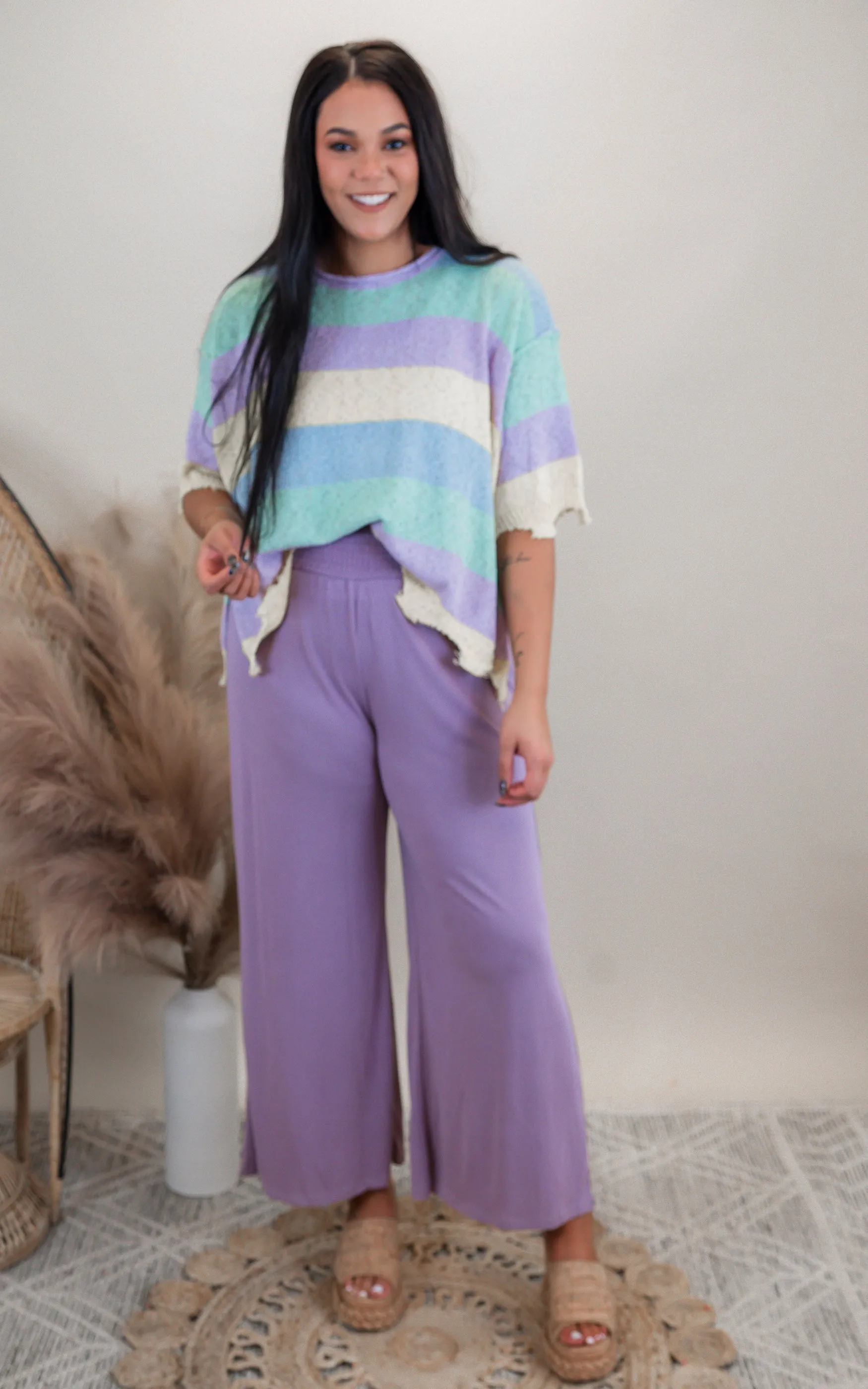 Striped Short Sleeve Sweater | PEACH LOVE