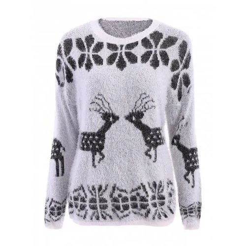 Stylish Scoop Neck Deer Pattern Long Sleeve Women's Christmas Sweater - White One Size(fit Size Xs To M)