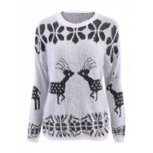 Stylish Scoop Neck Deer Pattern Long Sleeve Women's Christmas Sweater - White One Size(fit Size Xs To M)