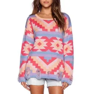 Stylish Scoop Neck Geometric Pattern Long Sleeve Sweater For Women - One Size(fit Size Xs To M)