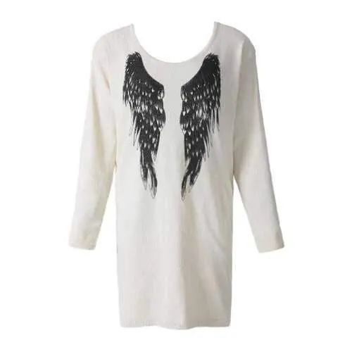 Stylish Scoop Neck Long Sleeve Wing Pattern Loose-Fitting Women's Sweater - Off-white L