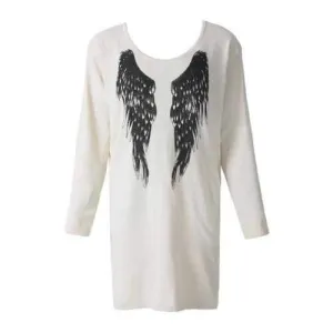 Stylish Scoop Neck Long Sleeve Wing Pattern Loose-Fitting Women's Sweater - Off-white L
