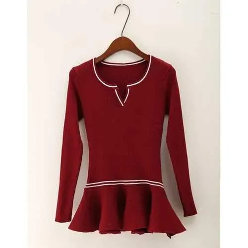 Stylkish Scoop Neck Ruffles Slimming Long Sleeve Women's Knitwear - Wine Red One Size(fit Size Xs To M)