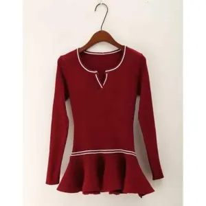 Stylkish Scoop Neck Ruffles Slimming Long Sleeve Women's Knitwear - Wine Red One Size(fit Size Xs To M)