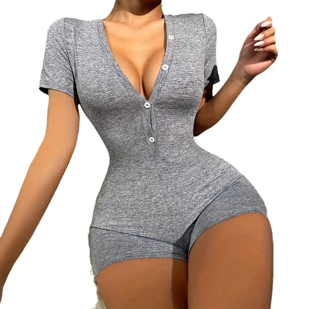 Sultry Short-Sleeved V-Neck Patchwork Lounge Jumpsuit