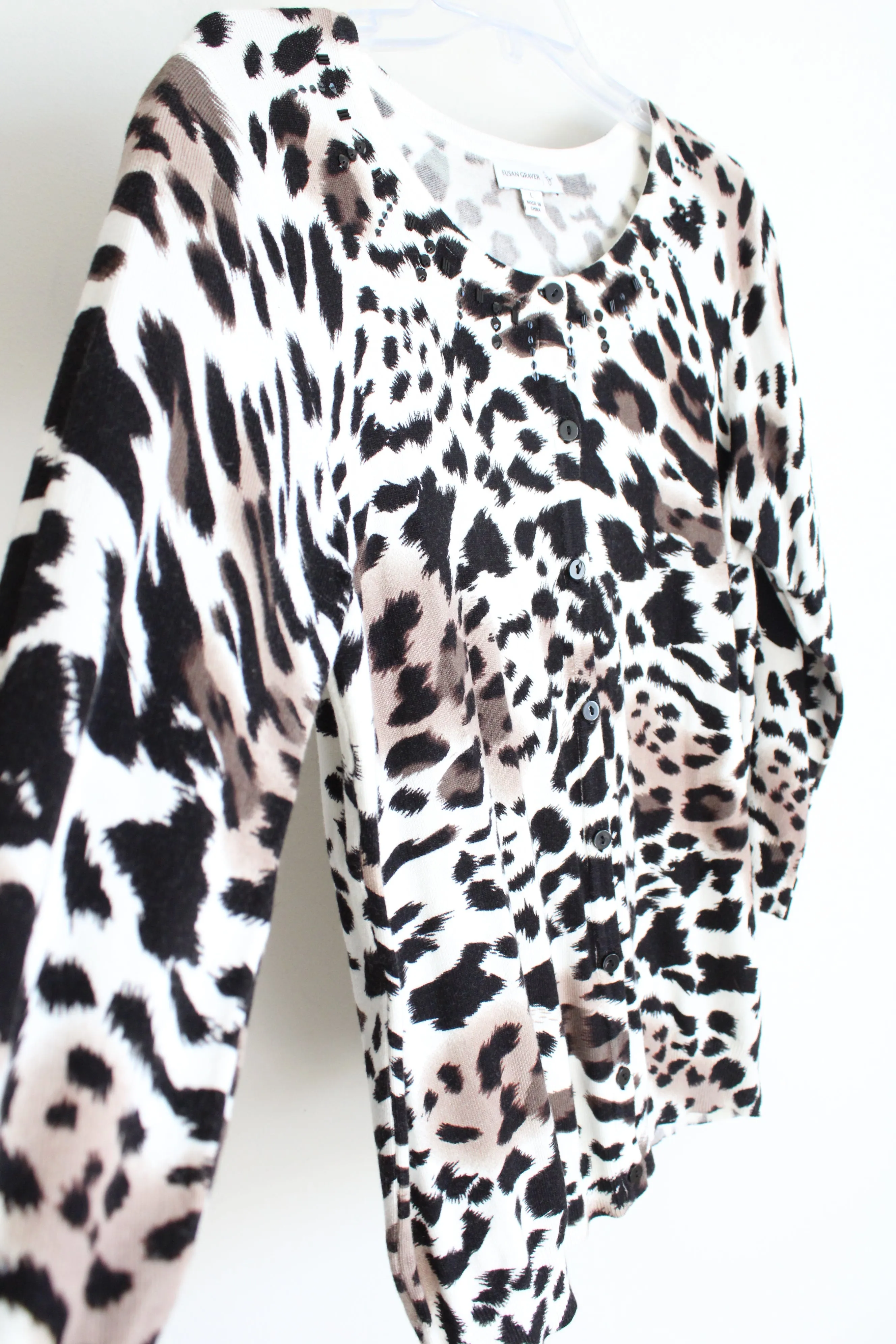 Susan Graver Cheetah Print Beaded Knit Cardigan | L