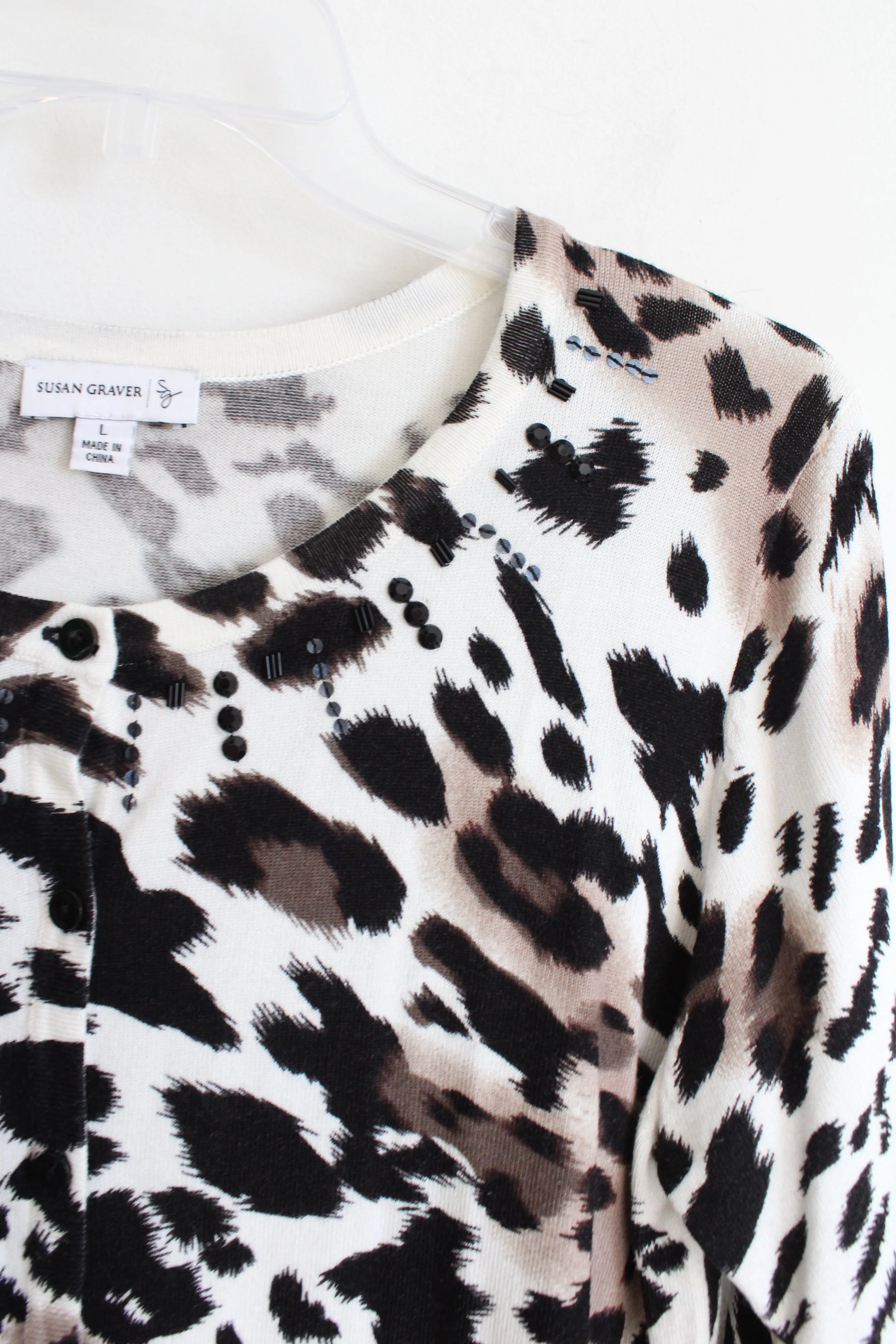 Susan Graver Cheetah Print Beaded Knit Cardigan | L