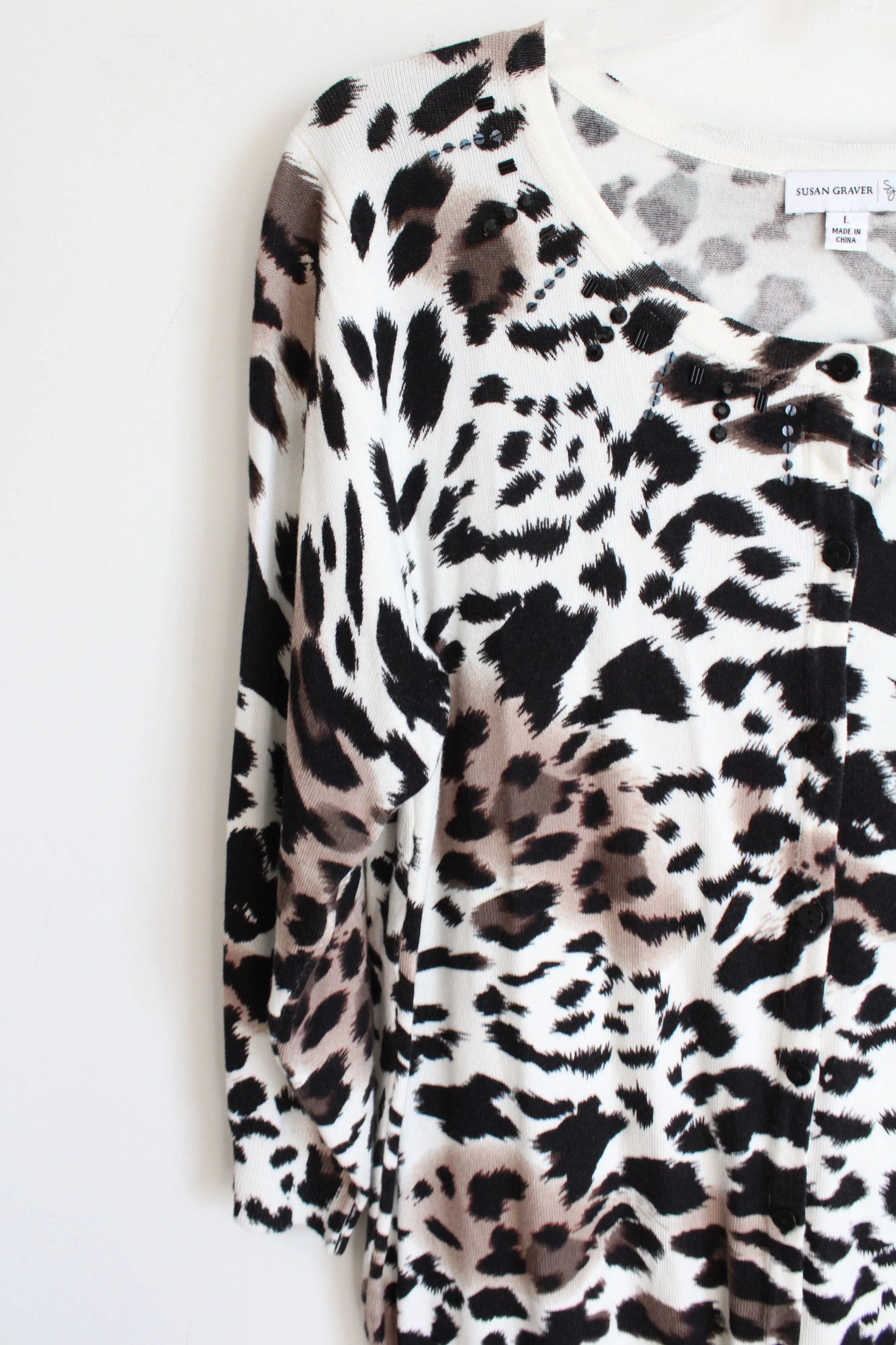 Susan Graver Cheetah Print Beaded Knit Cardigan | L