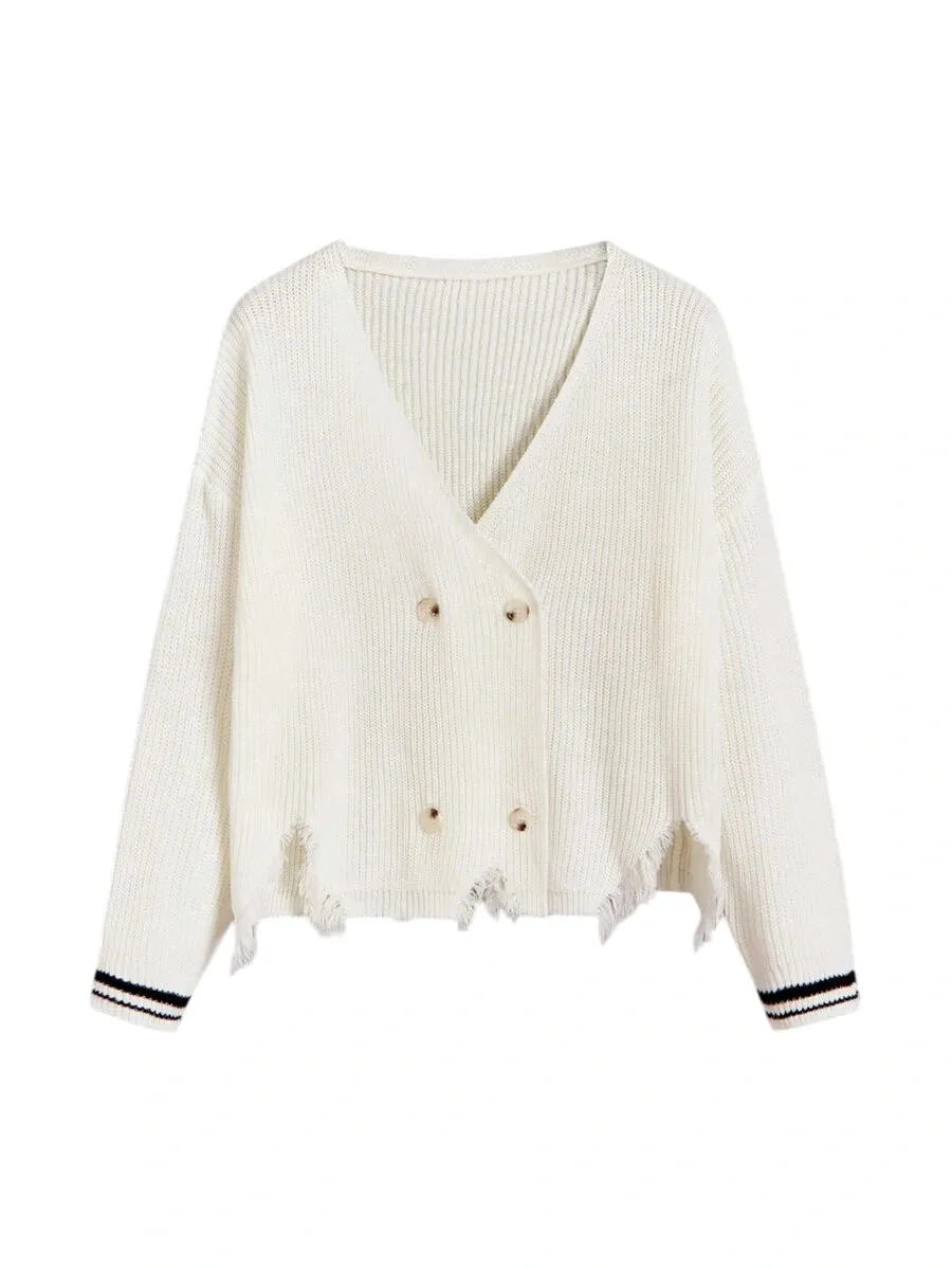 Tecla Ripped Hem Double Breasted Knit Cardigan in Beige
