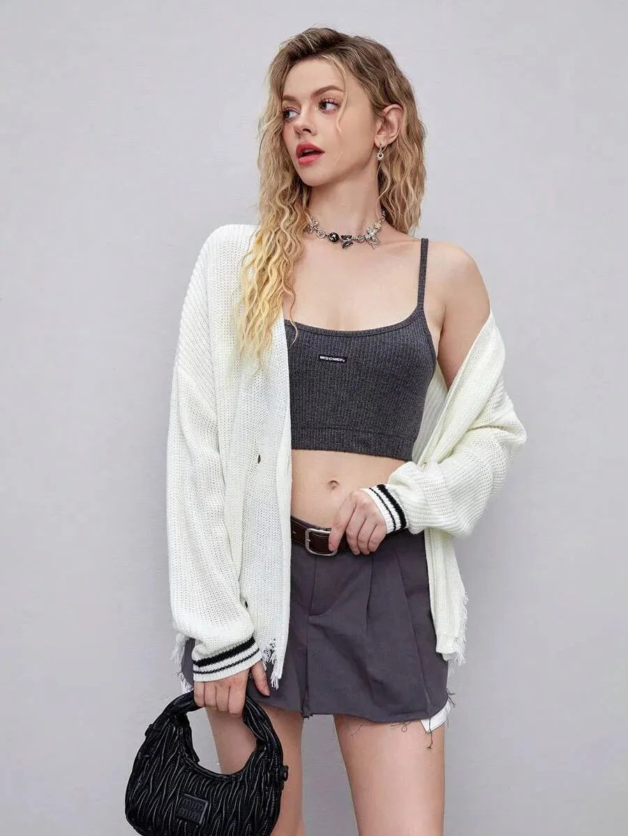 Tecla Ripped Hem Double Breasted Knit Cardigan in Beige