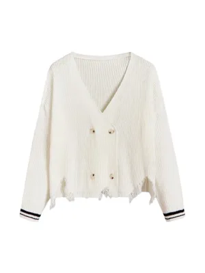 Tecla Ripped Hem Double Breasted Knit Cardigan in Beige