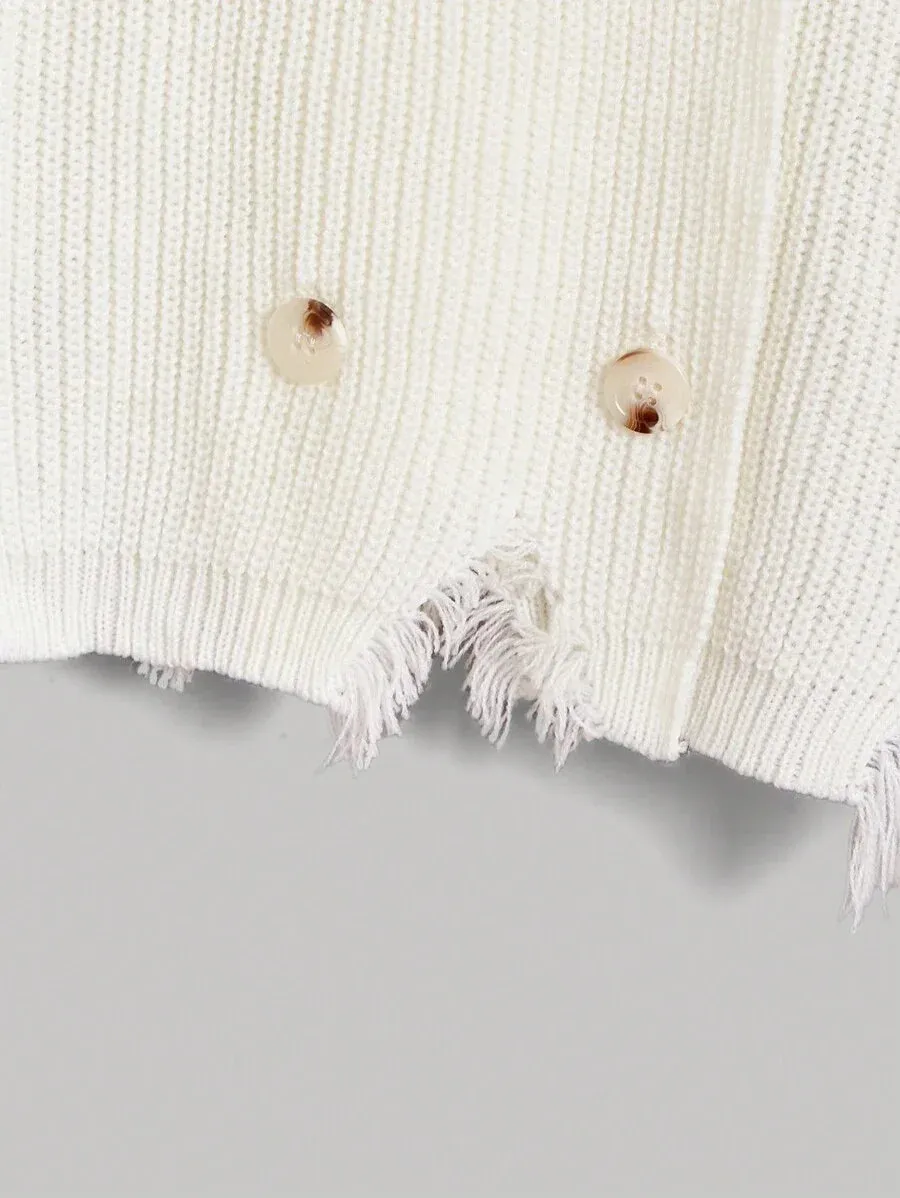 Tecla Ripped Hem Double Breasted Knit Cardigan in Beige